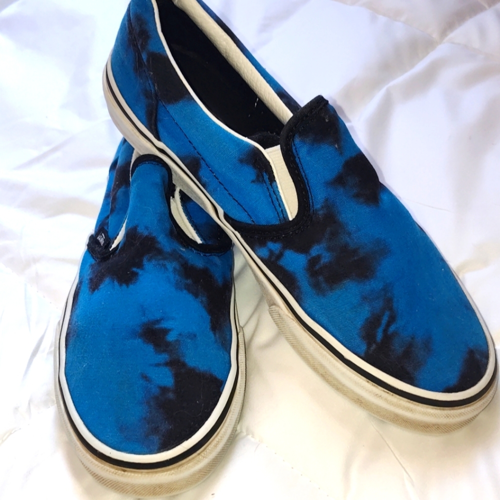 Blue and Black Tie-Dye Slip-On Shoes By Vans